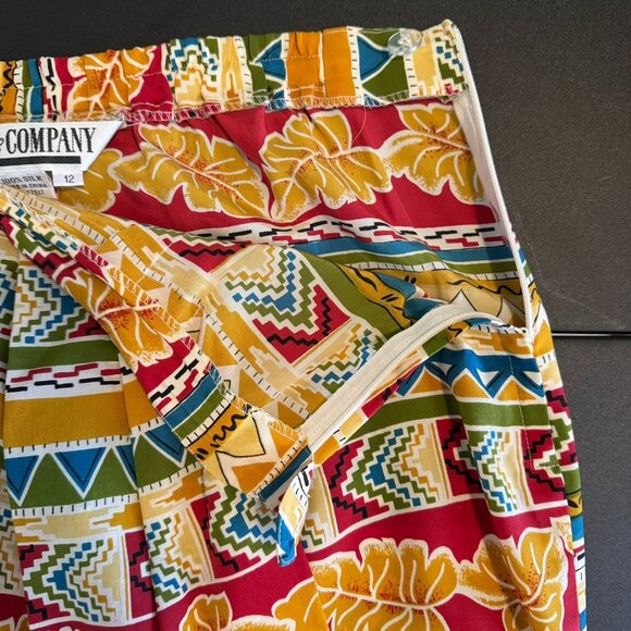 Vintage 90s 100% Silk Red Bold Printed Faux-Wrap Skirt, Pleated, Size 12 - Picture 4 of 9